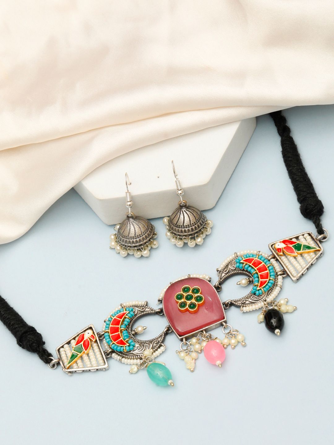 VIVAZS Silver-Plated Artificial Beaded Oxidized Jewellery Set-picture-37