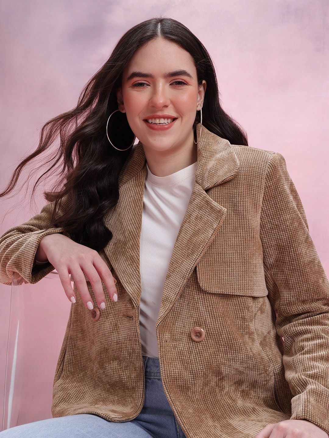 DressBerry Paneled Corduroy Single-Breasted Blazer-picture-42