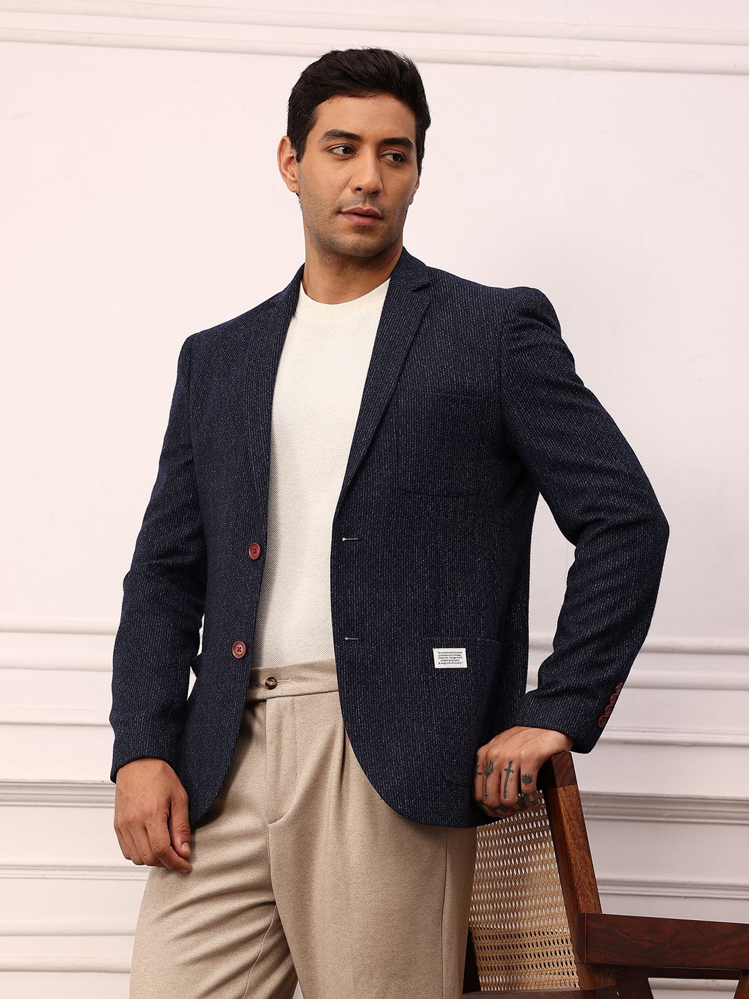 Mr Bowerbird Vertically Self-Striped Notched Lapel Collar Single-Breasted Casual Blazer-picture-32