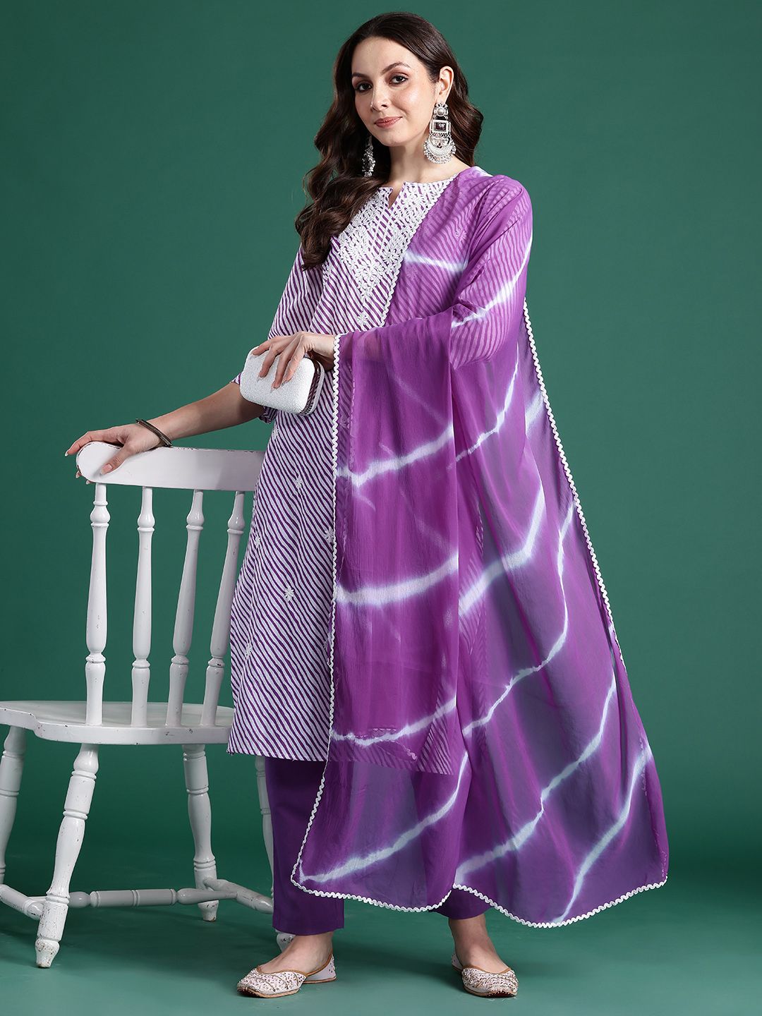 Indo Era Leheriya Printed Thread Work Pure Cotton Kurta With Trousers & Dupatta