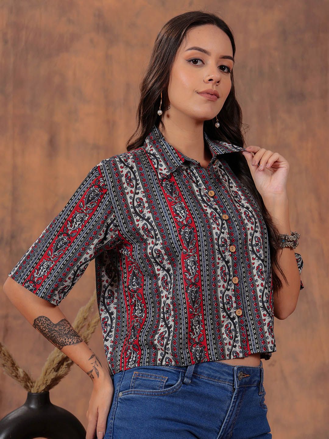 Zenava by Myntra Ethnic Motifs Printed Lapel Coller Shirt Style Crop Top-image-39