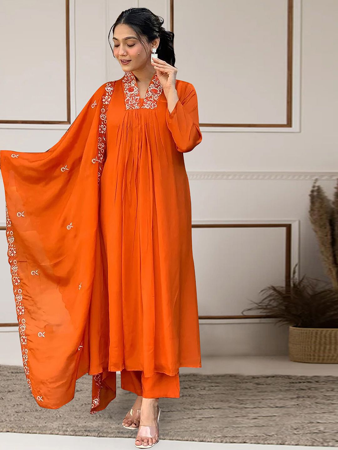 Moda Rapido Floral Yoke Design Thread Work Pleated A-Line Kurta With Trousers & Dupatta
