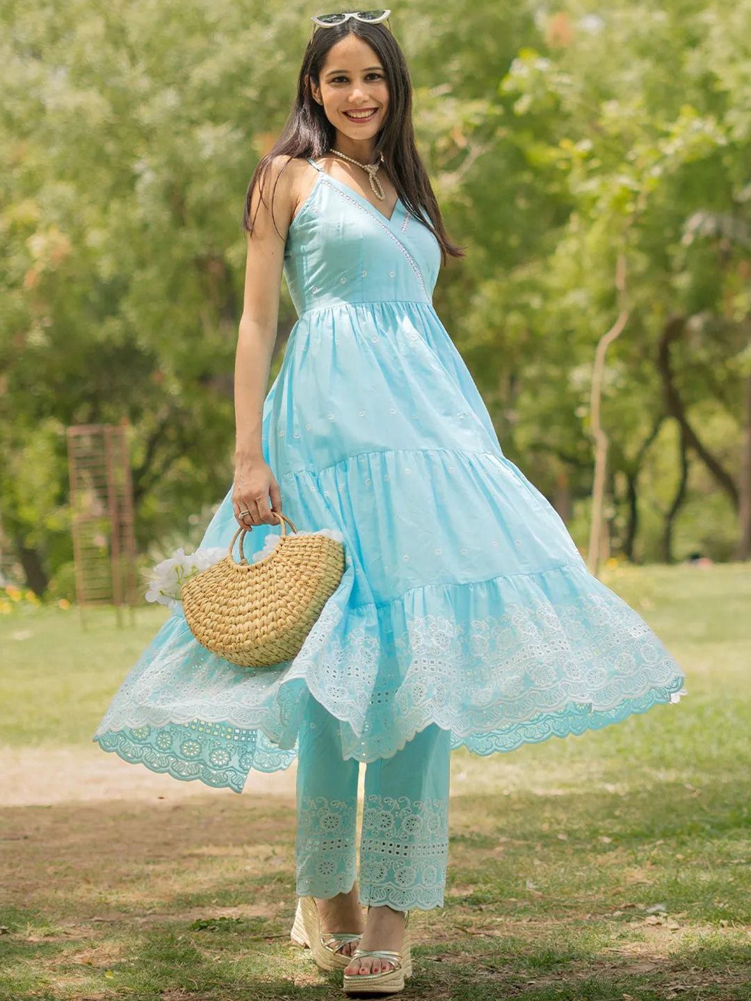Libas Womens Blue Self Design Cotton Anarkali Kurta With Trousers