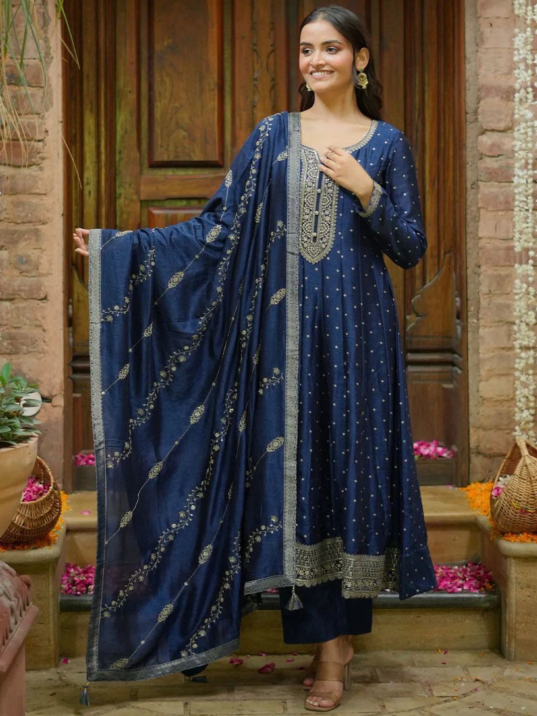 Libas Bandhani Printed Panelled Sequinned Anarkali Kurta With Trousers & Dupatta-picture-40