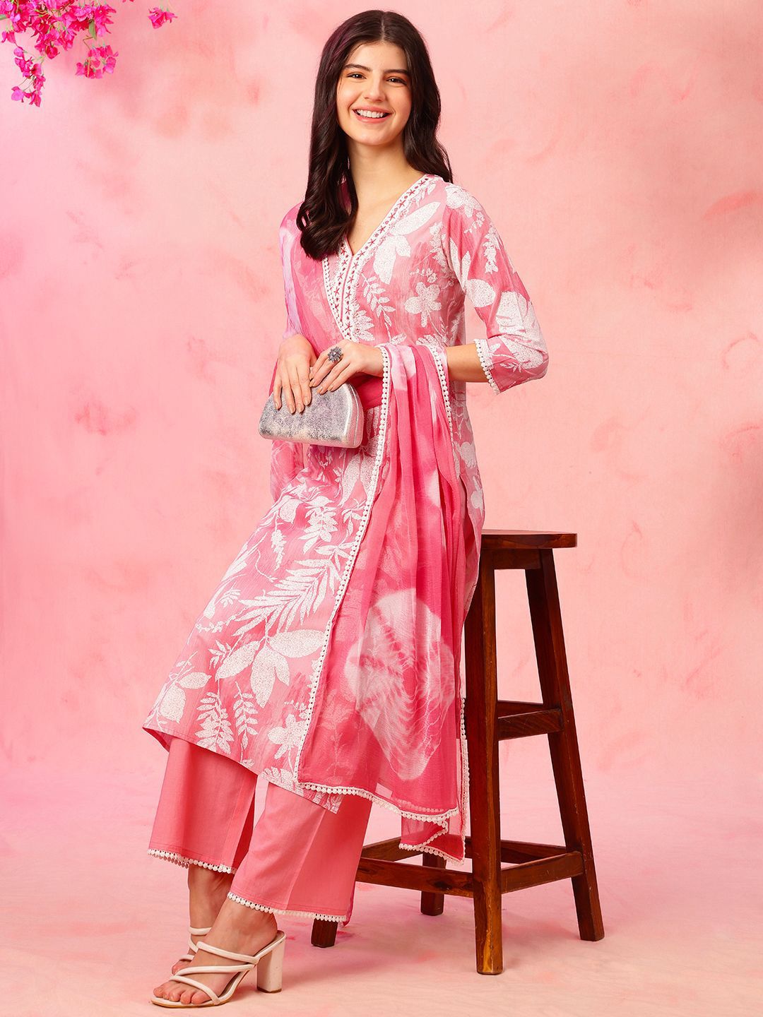 EthniFlair Floral Printed V-Neck Pure Cotton A-Line Kurta With Trousers & Dupatta-image-1