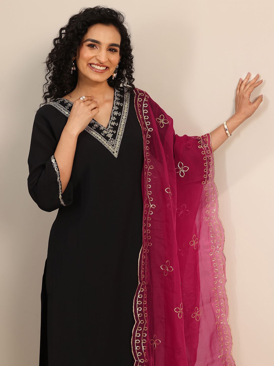 Gerua By Libas Floral Yoke Design V-Neck Sequinned Straight Kurta With Salwar & Dupatta