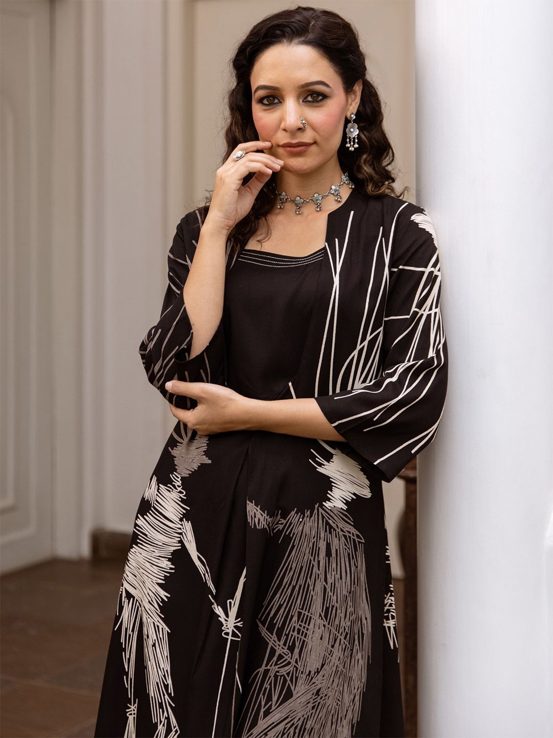 Indo Era Printed Three-Quarter Sleeves Tunic With Trouser