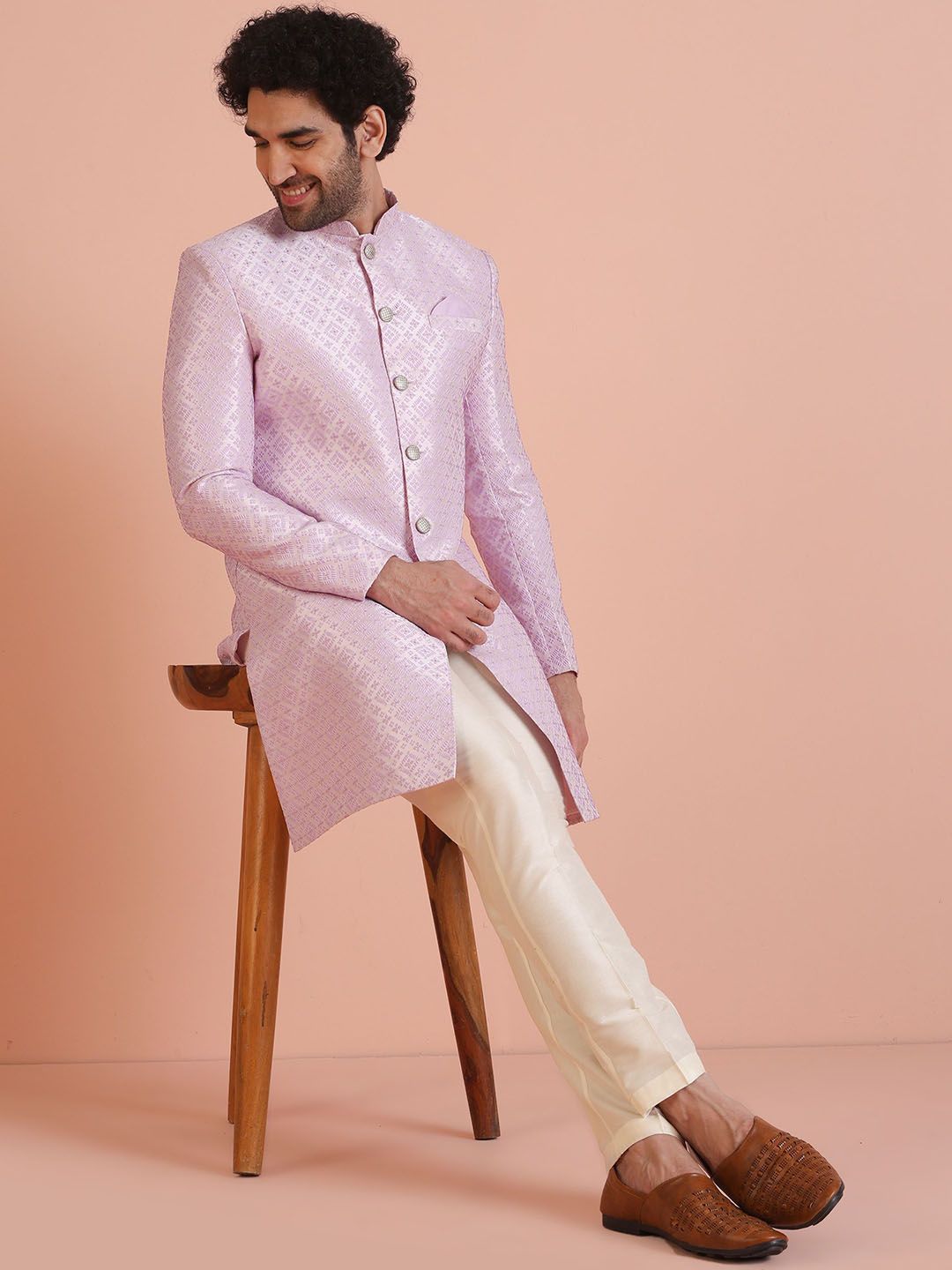 KISAH Men Self Design Mandarin Collar Sherwani Set-picture-12