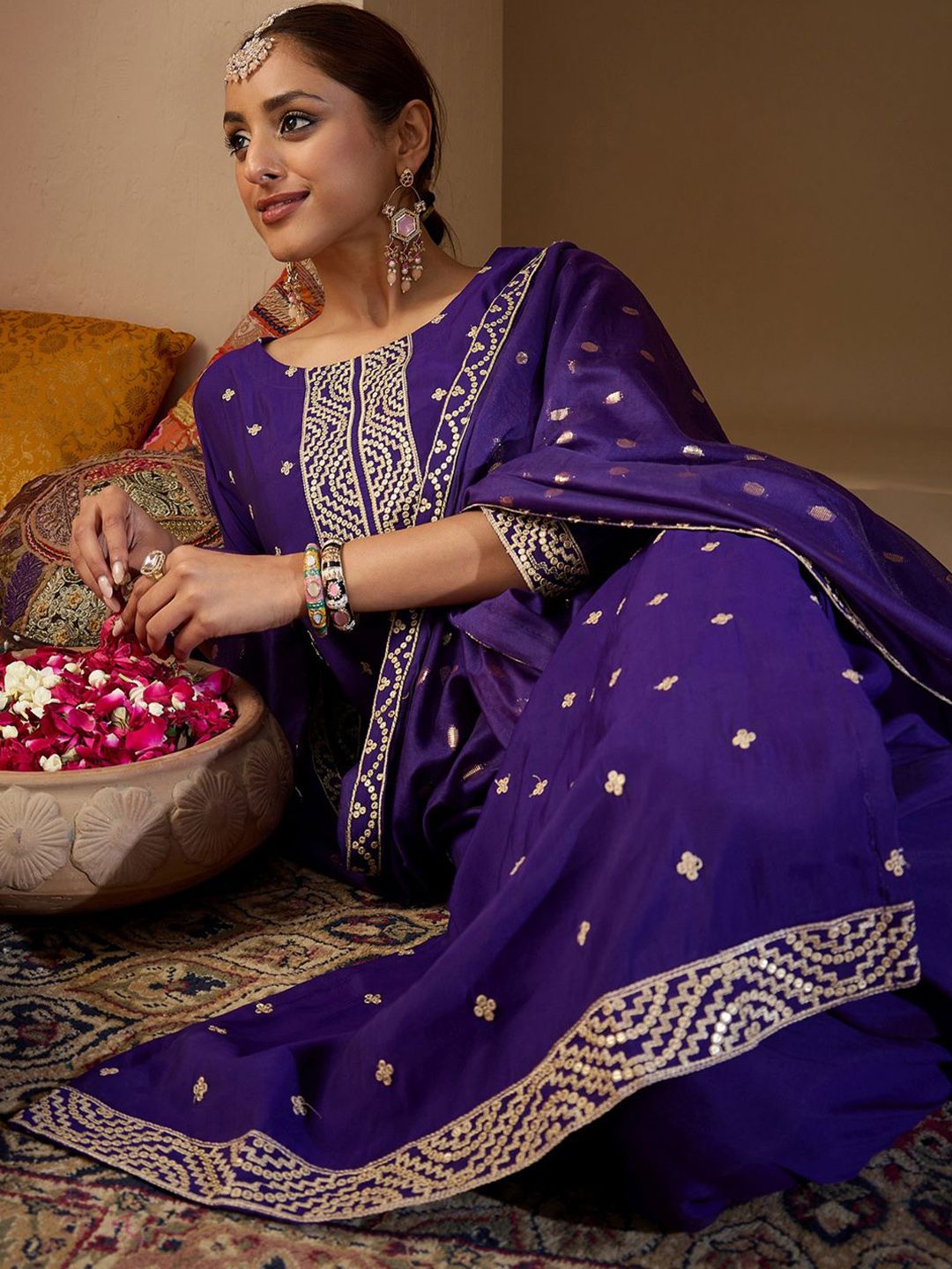 Indo Era Women Ethnic Motifs Embroidered Regular Sequinned Kurta with Trousers & With Dupatta-picture-28