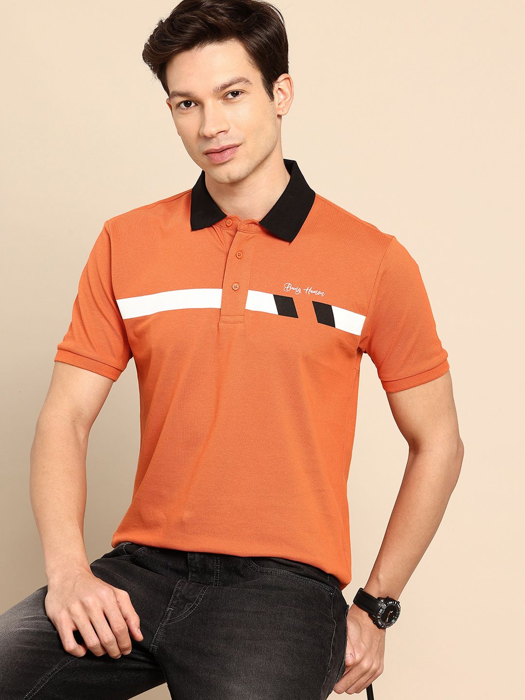 Being Human Pure Cotton Striped Polo Collar T-shirt-picture-24