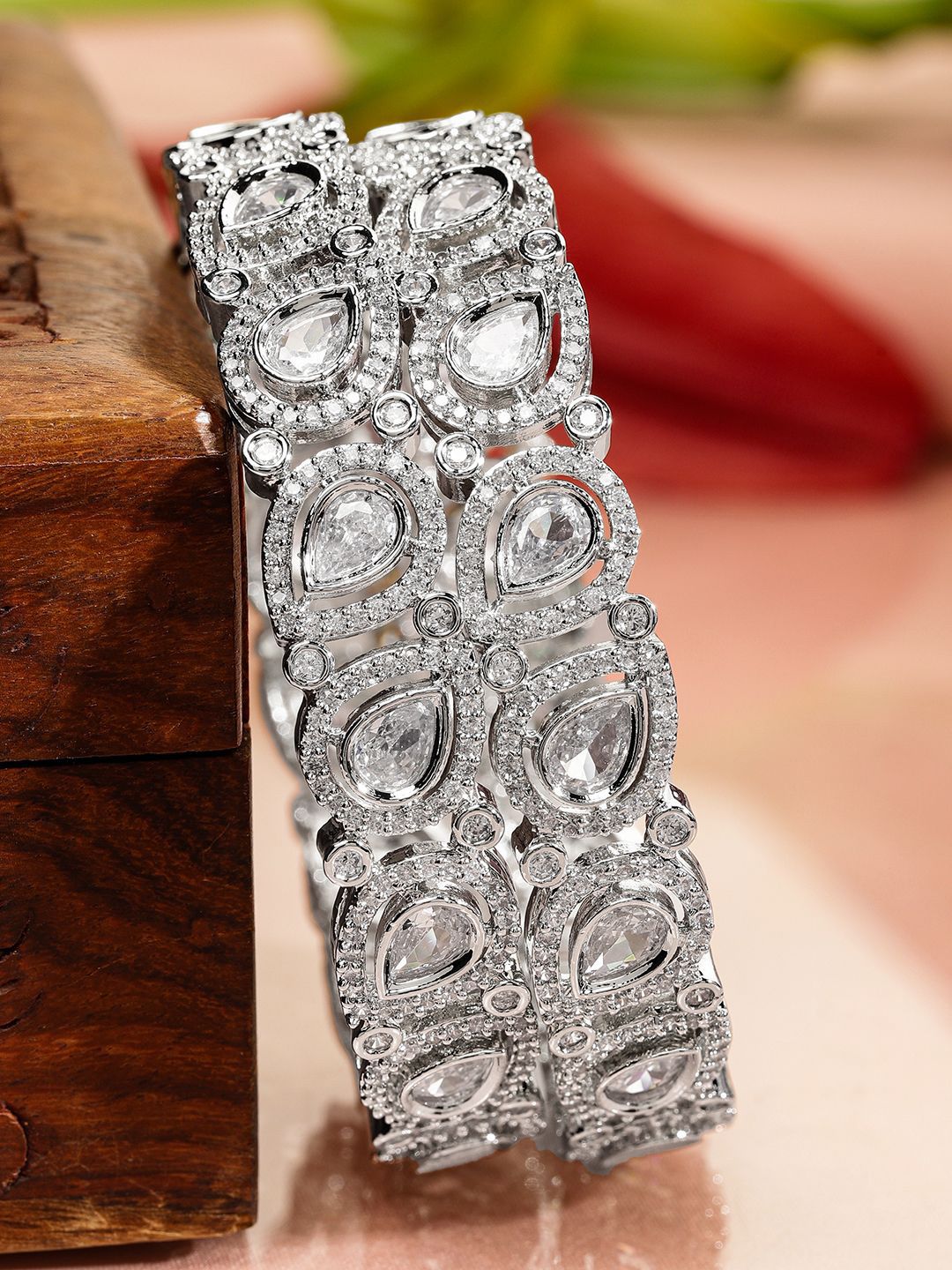 Rubans Set of 2 Rhodium-Plated Teardrop Cubic Zirconia Studded Handcrafted Premium Bangles-picture-18