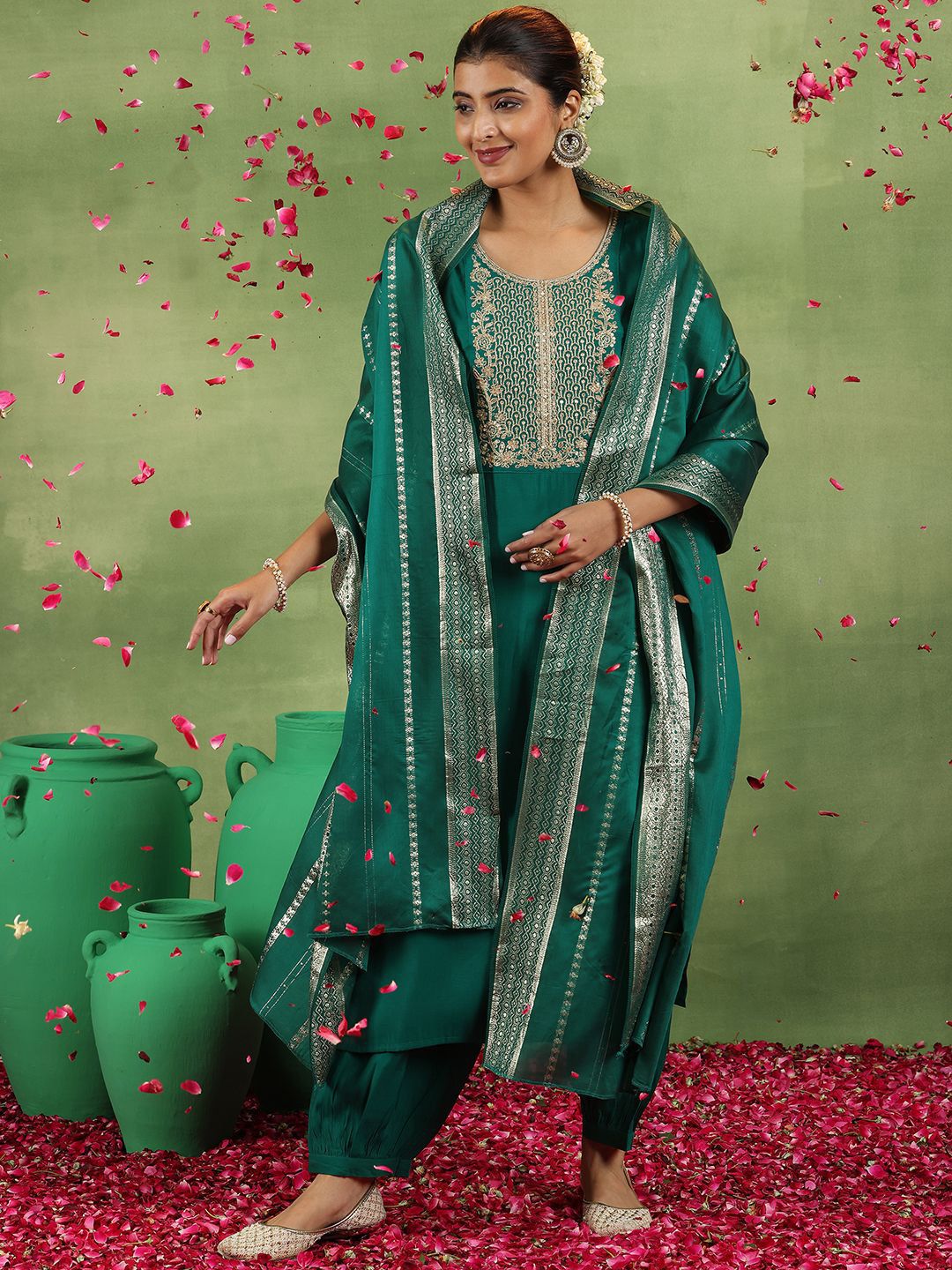 Libas Women Floral Yoke Design Regular Kurta with Salwar & With Dupatta-image-1