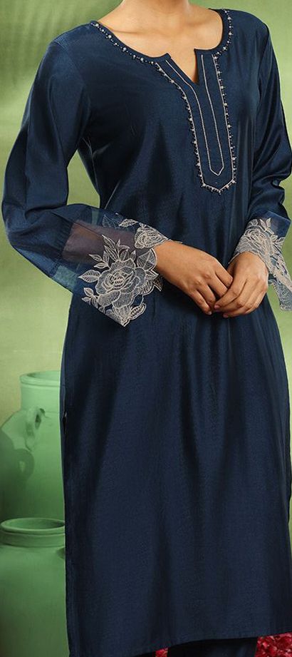 Women Blue Calf Length Three-Quarter Sleeves A-Line Ethnic Motifs Yoke Design Cotton Kurta main image 0