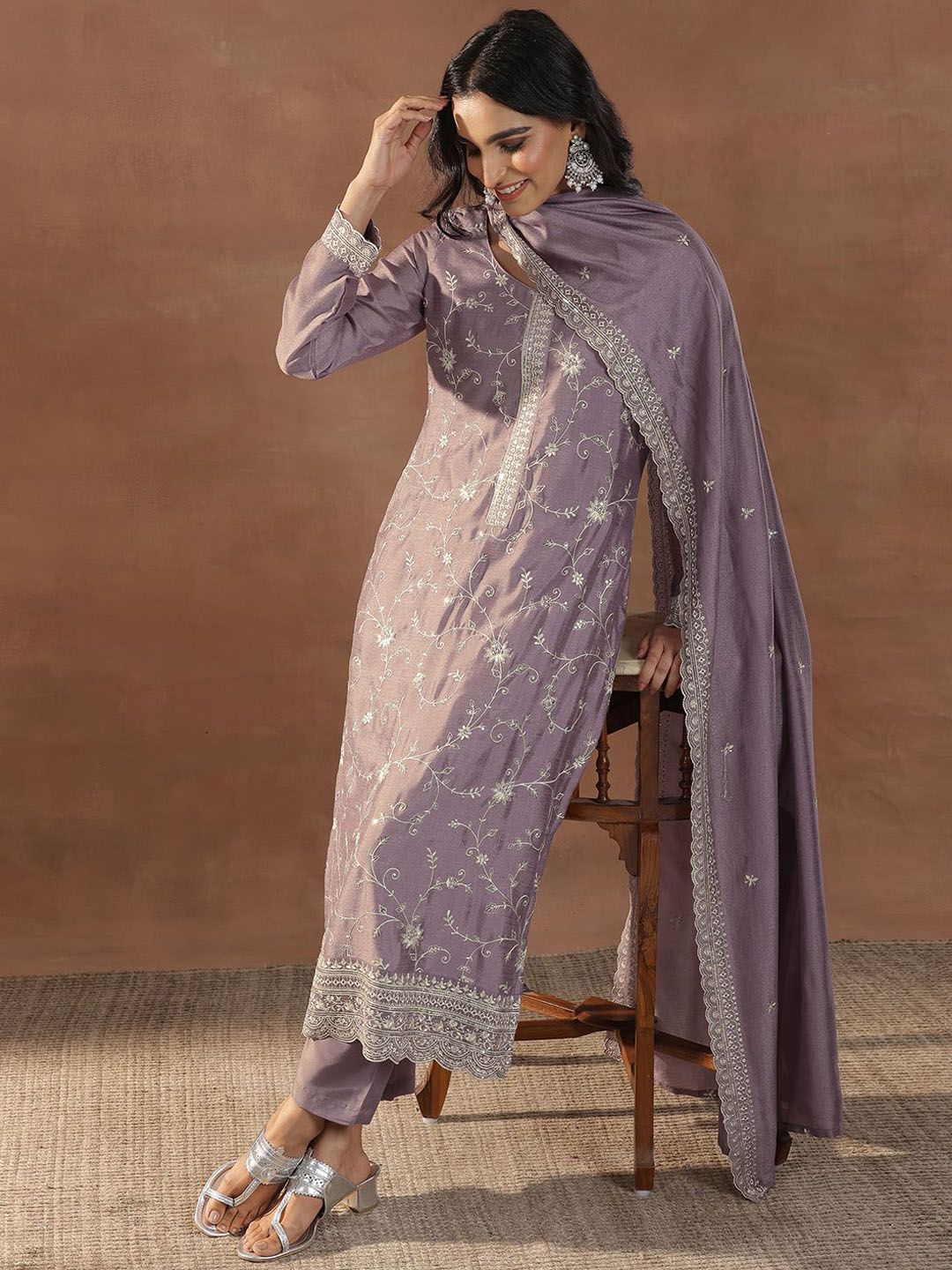 Libas Women Floral Embroidered Regular Sequinned Kurta with Trousers & With Dupatta-picture-34