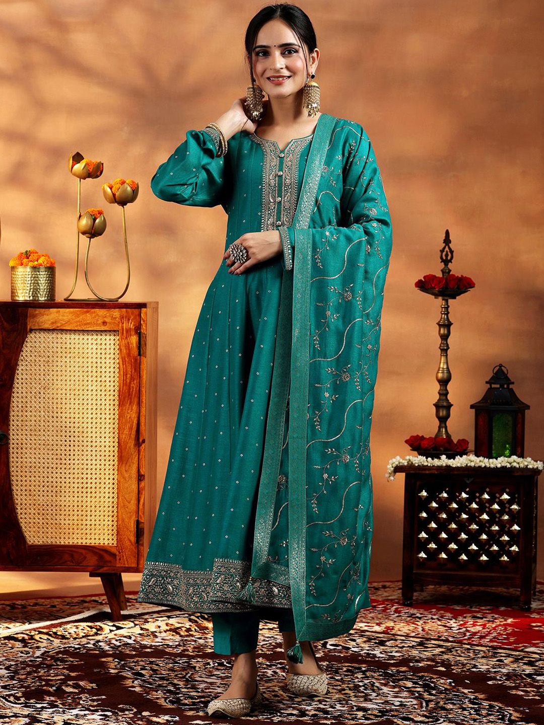 Libas Womens Green Embroidered Anarkali Kurta With Trousers & Dupatta-picture-11