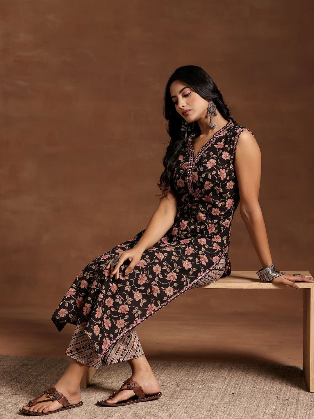 Libas Women Floral Printed Regular Mirror Work Kurta with Trousers-picture-27