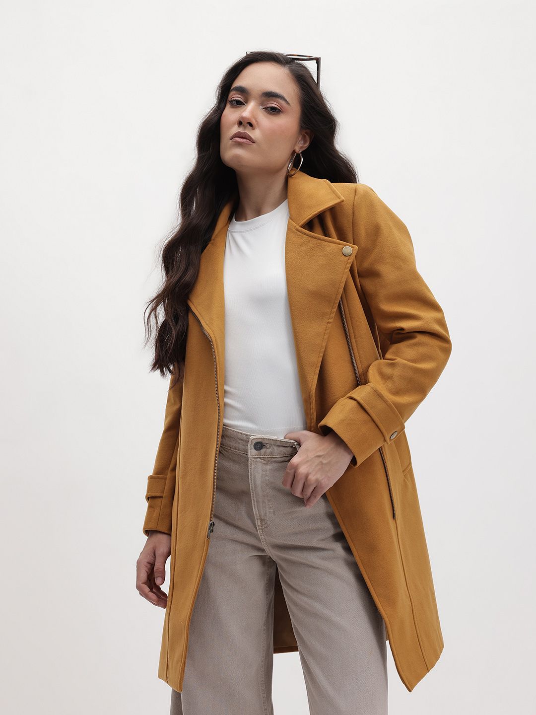 The Roadster Life Co. Notched Lapel Collar Zip-Up Regular Fit Longline Overcoat