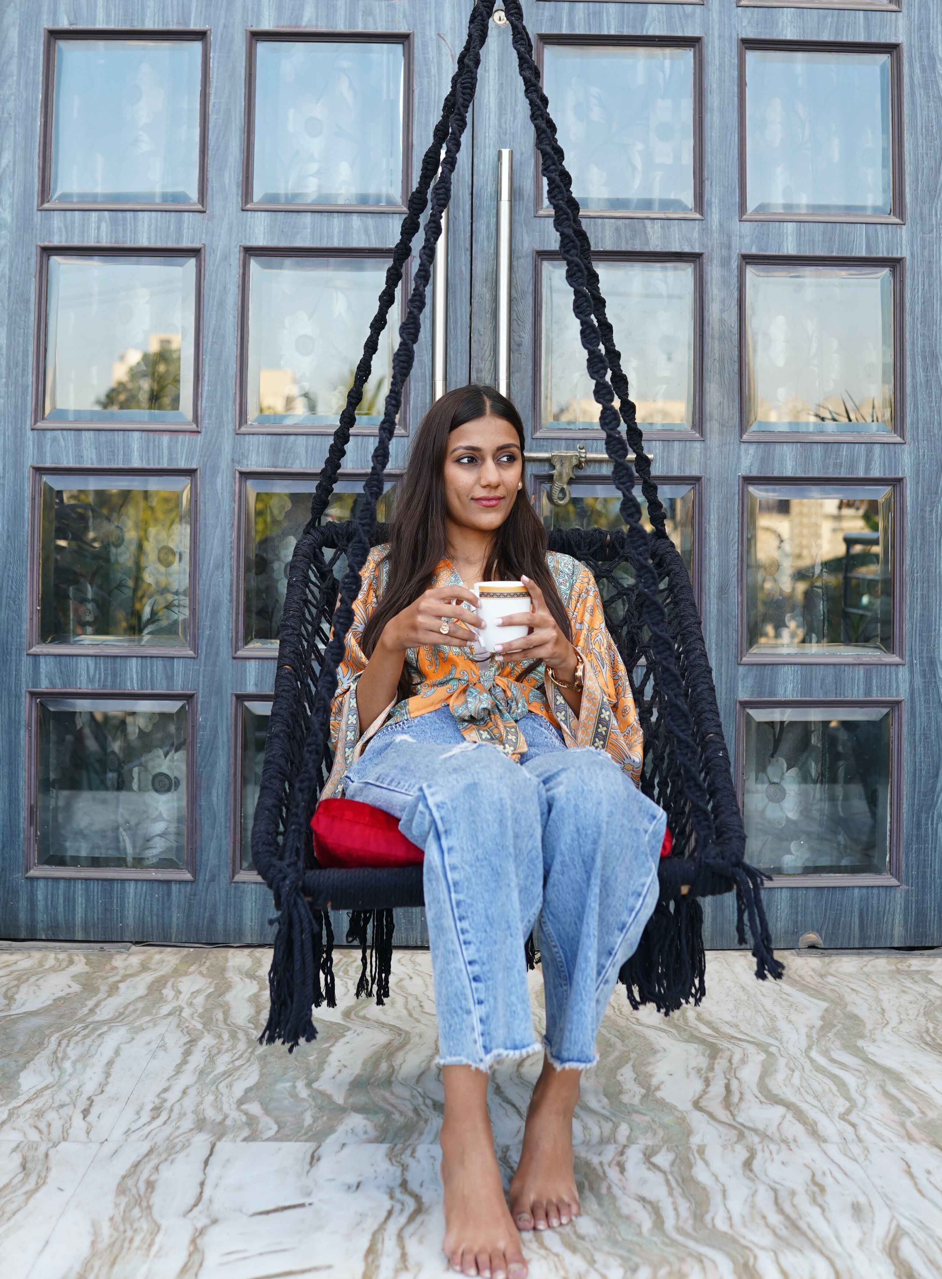 Patiofy Black & Red Cotton Square-Shaped Comfortable Hammock Swing Chair With Cushion