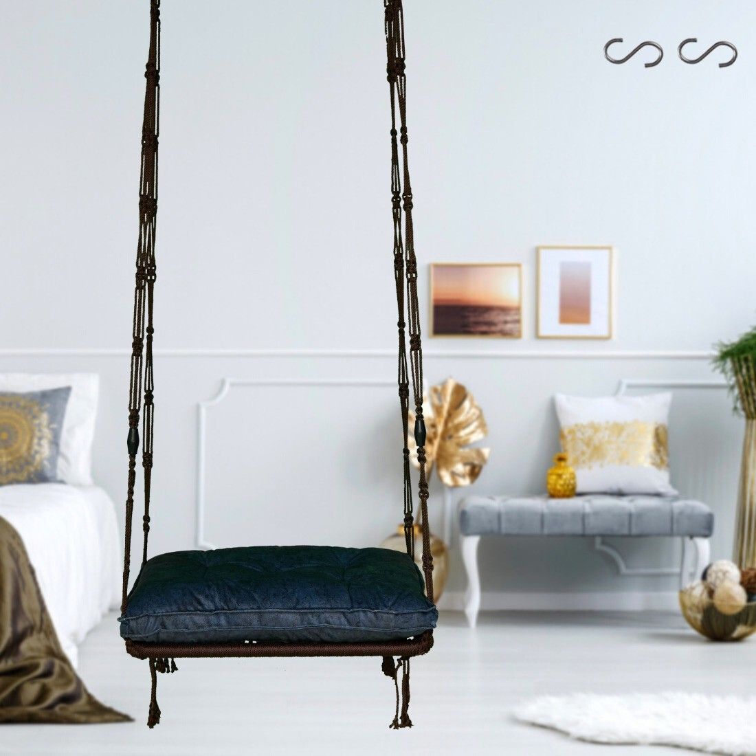 Patiofy Premium Blue & Brown Comfortable Slab Hammock Swing Chair With Cushion-image-38