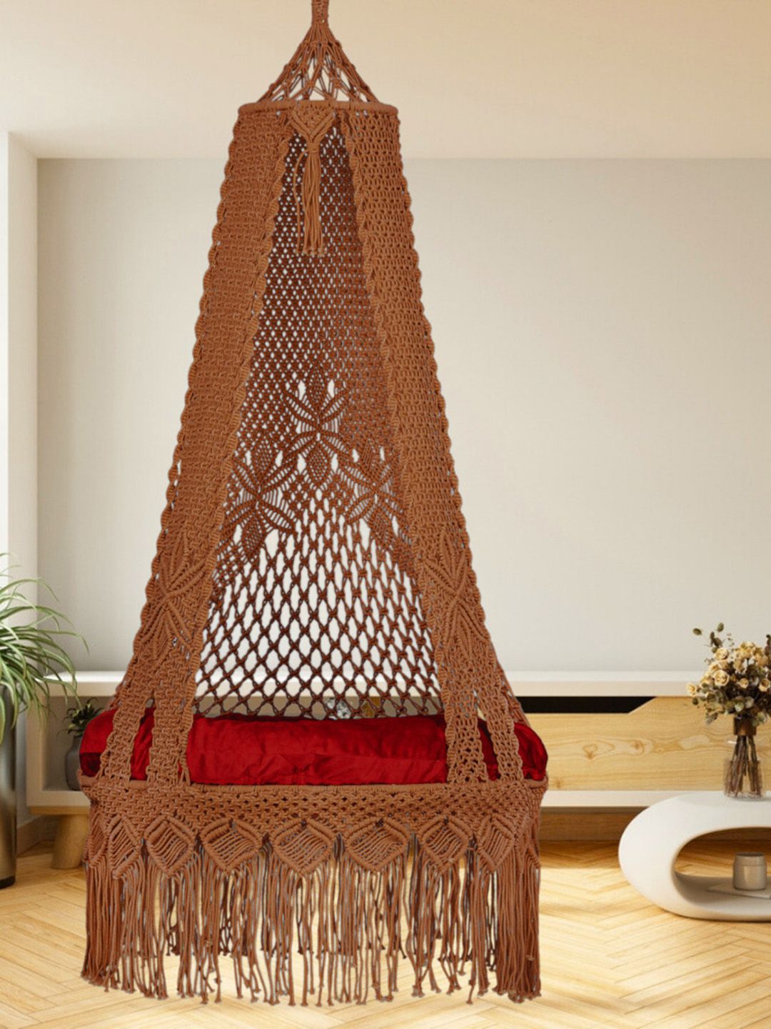 Patiofy Brown Macram Comfortable Hammock Swing Chair With Cushion