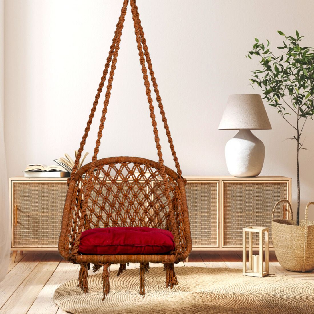 Patiofy Brown & Red Cotton D-Shaped Comfortable Hammock Swing Chair With Cushion