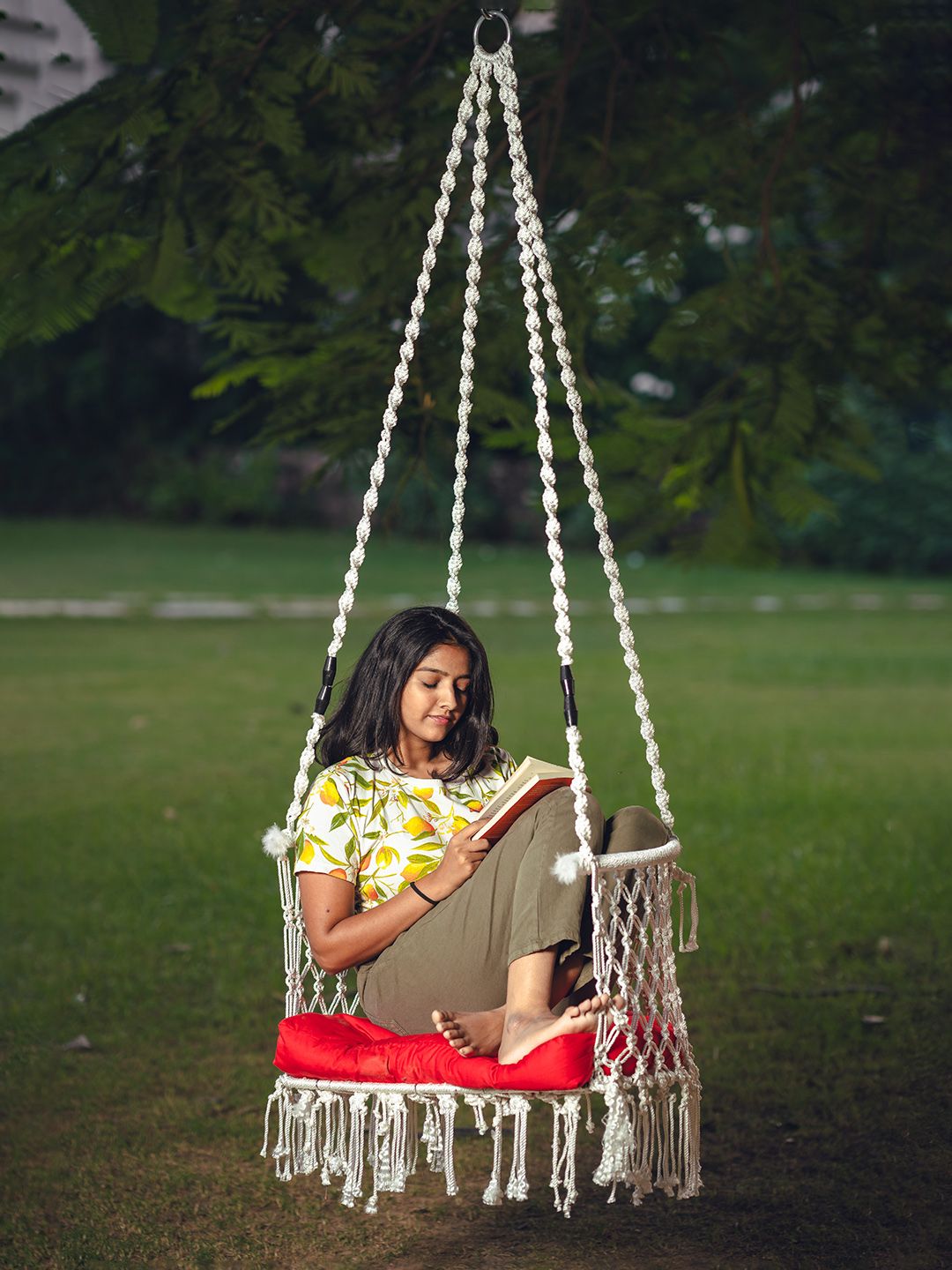 Patiofy Premium White & Red C-Shaped Comfortable Hammock Swing Chair With Cushion