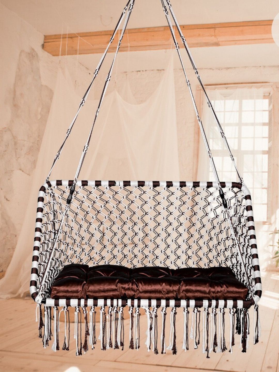 Patiofy Premium White & Black Double SeaterHammock Swing Chair With Cushion-image-45