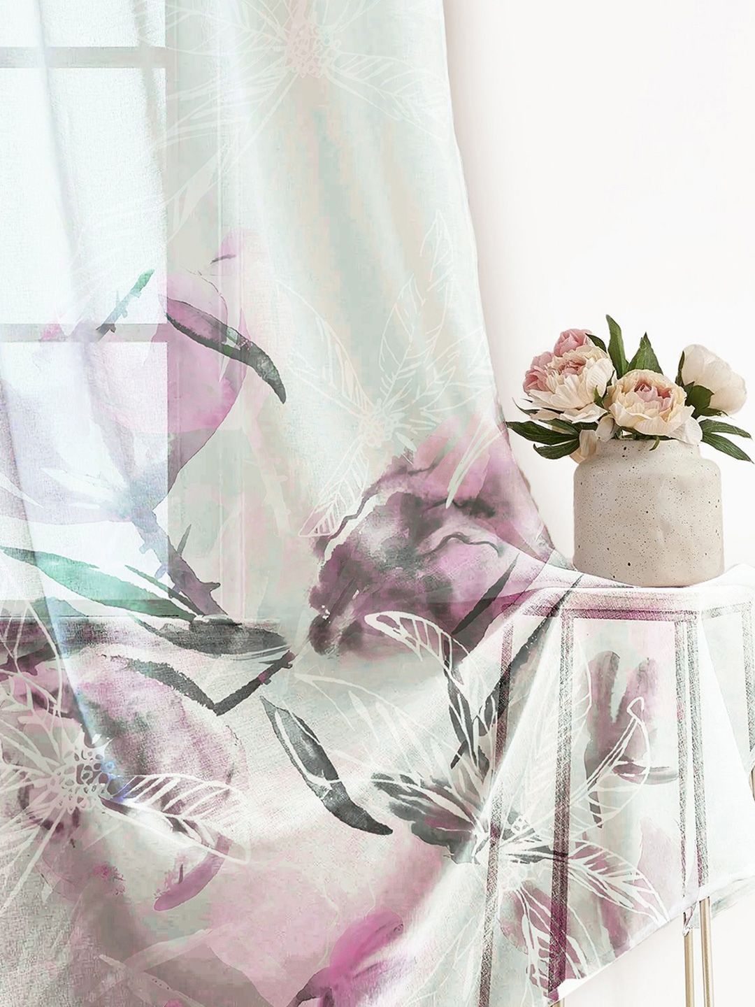 Story@home White & Pink Floral Sheer Long Door Curtain-picture-55