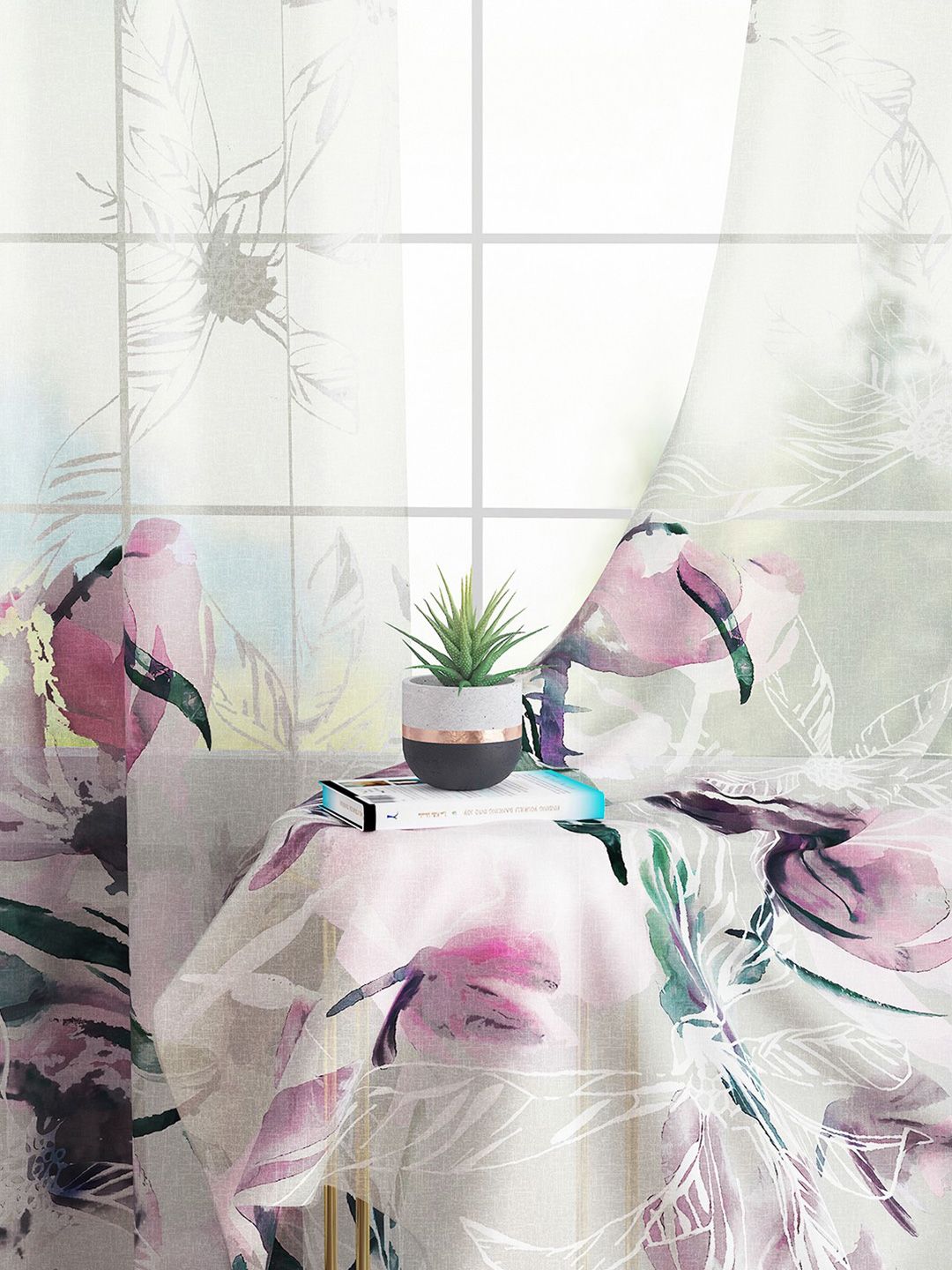 Story@home Grey & Purple Set of 2 Floral Sheer Long Door Curtain-image-38