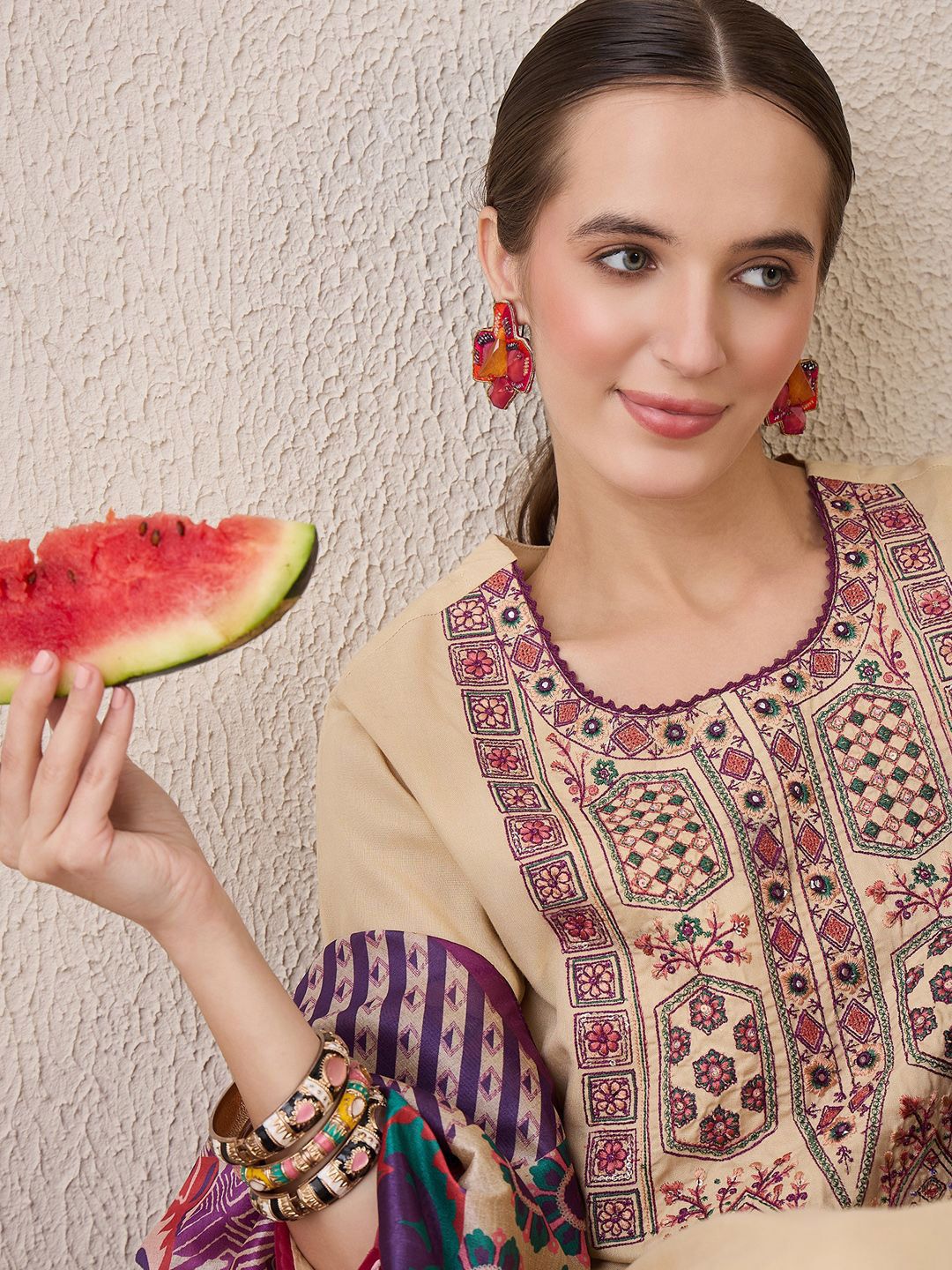 Indo Era Floral Embroidered Round Neck Sequinned Straight Kurta With Trousers & Dupatta-picture-30