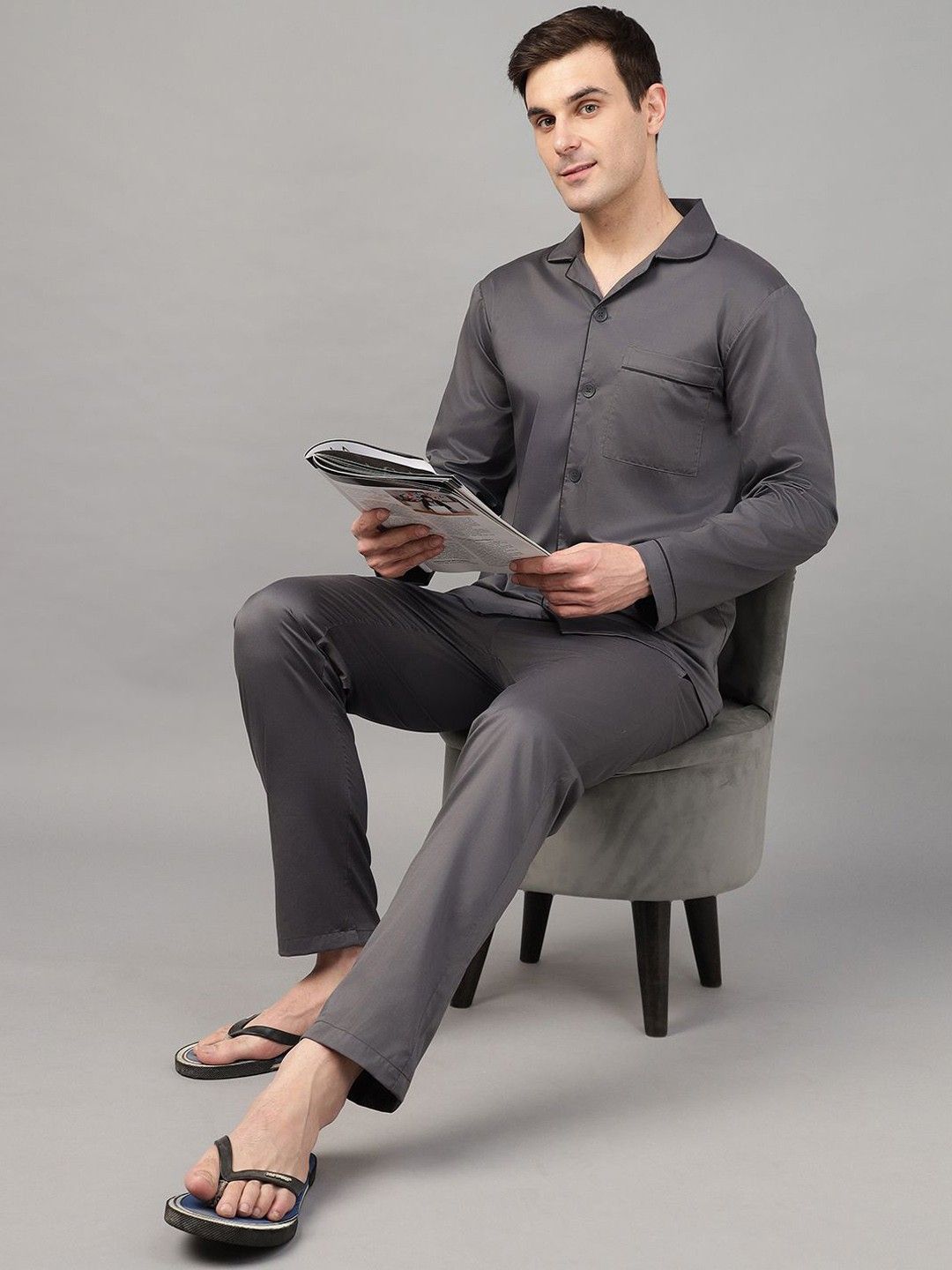 Hancock Men Lapel Collar Pure Cotton Shirt Pyjamas Night suit-image-14