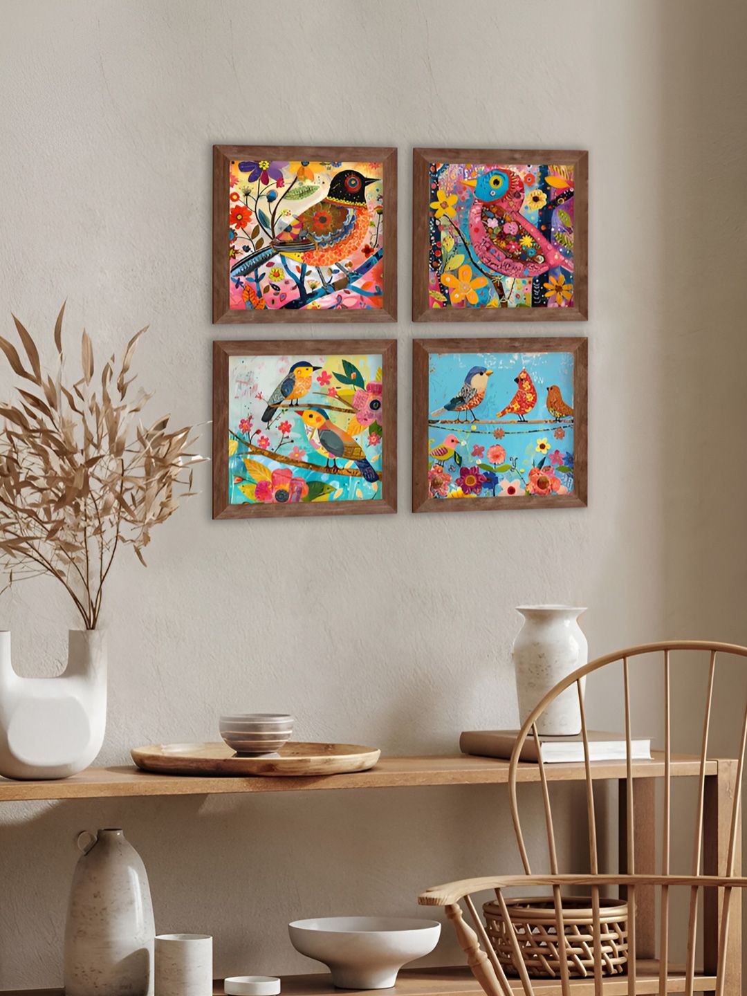 Art Street Blue & Pink 4 Pieces Colorful Birds Wooden Wall Art-picture-13
