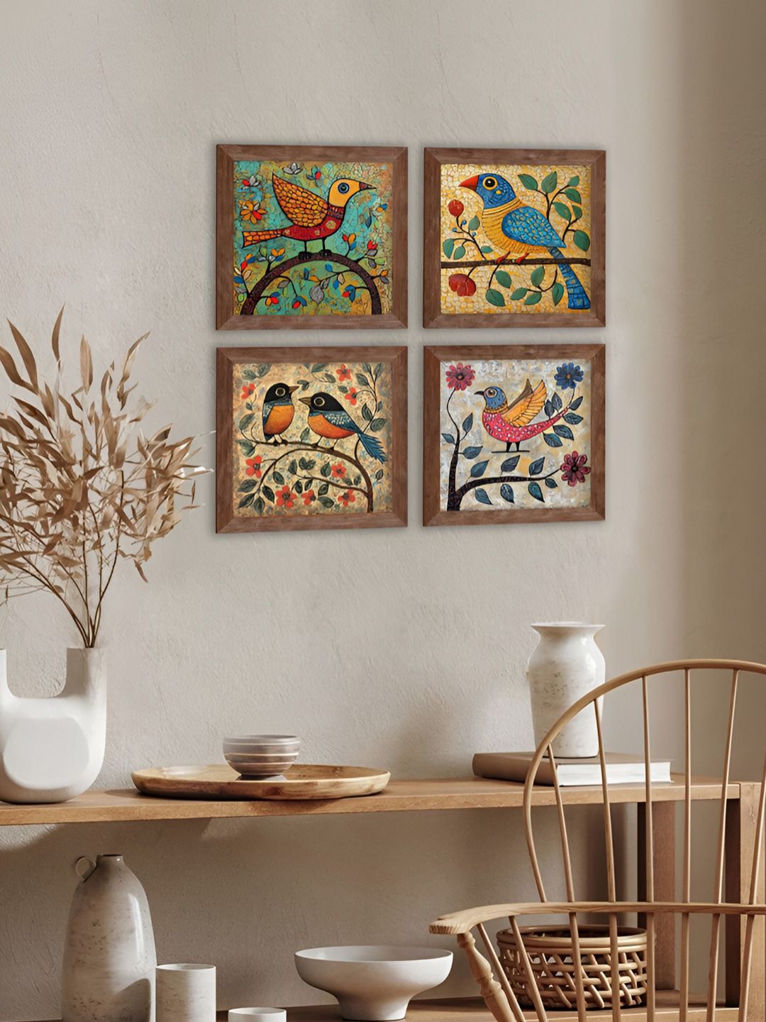 Art Street Gold-Toned & Green 4 Pieces Colorful Birds Wooden Wall Art-picture-35