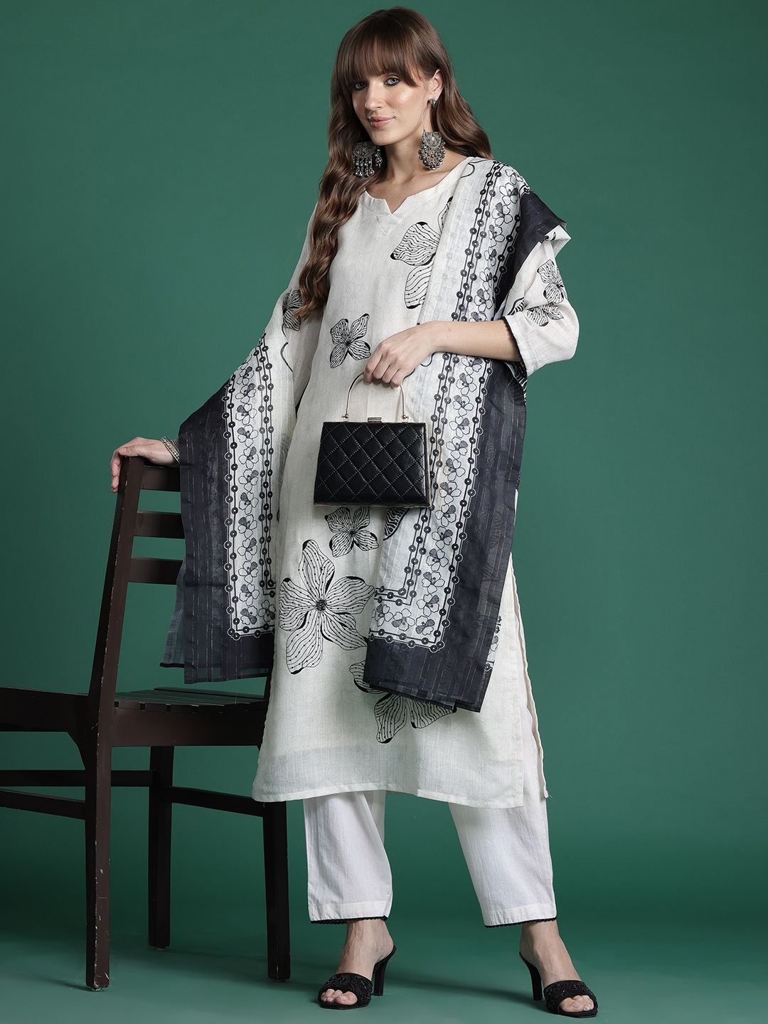 Indo Era Floral Embroidered Linen Kurta with Trousers & Dupatta