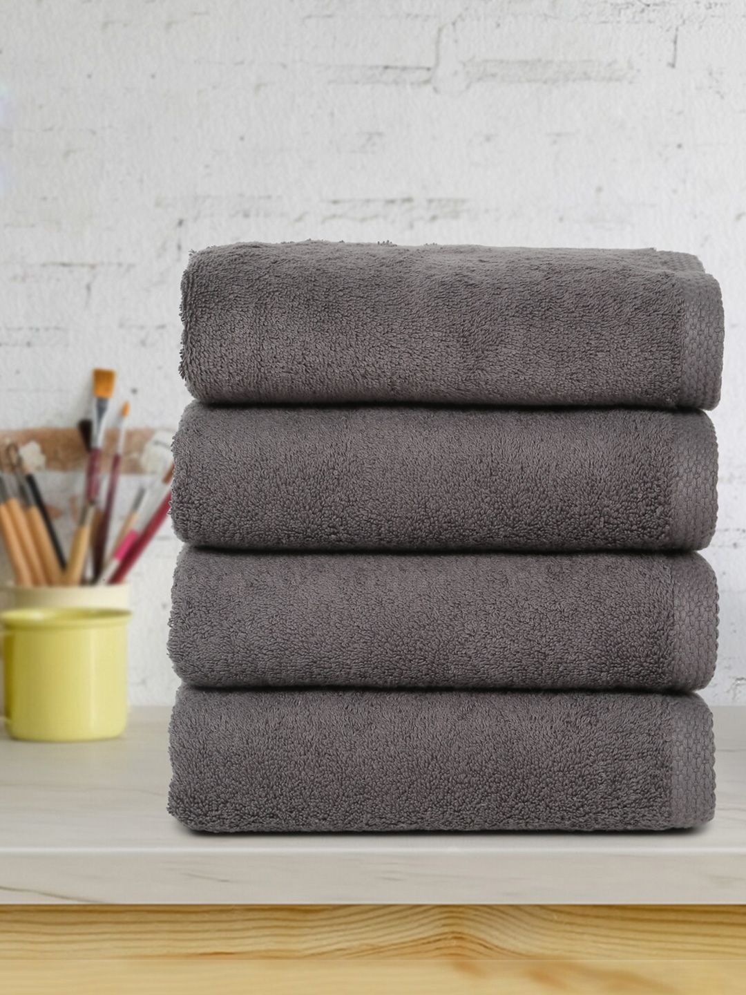 DREAM WEAVERZ Grey 4 Pieces Cotton 550 GSM Hand Towels-picture-1