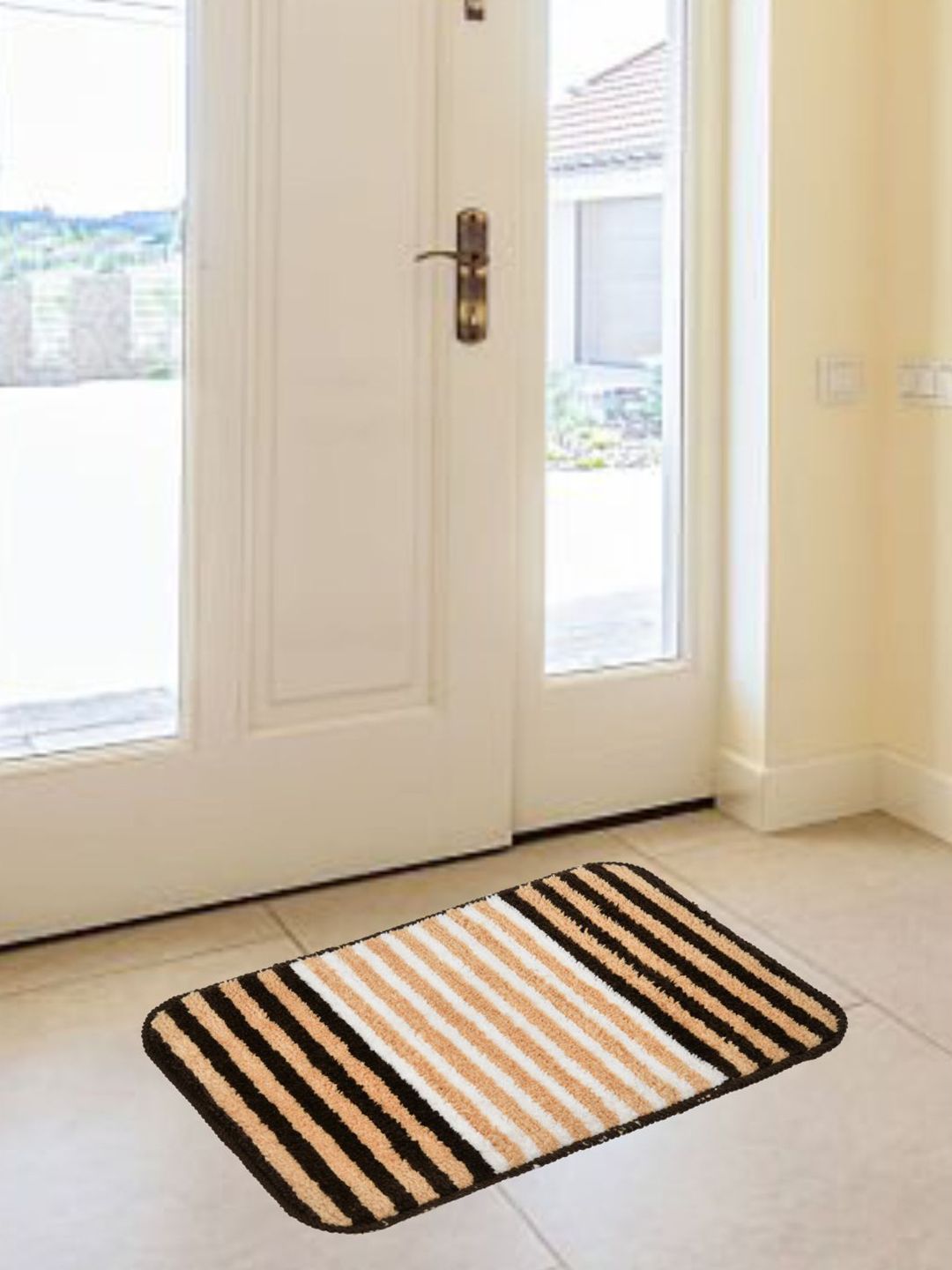 DREAM WEAVERZ White & Brown Striped Microfibre Anti Skid Doormat-picture-26