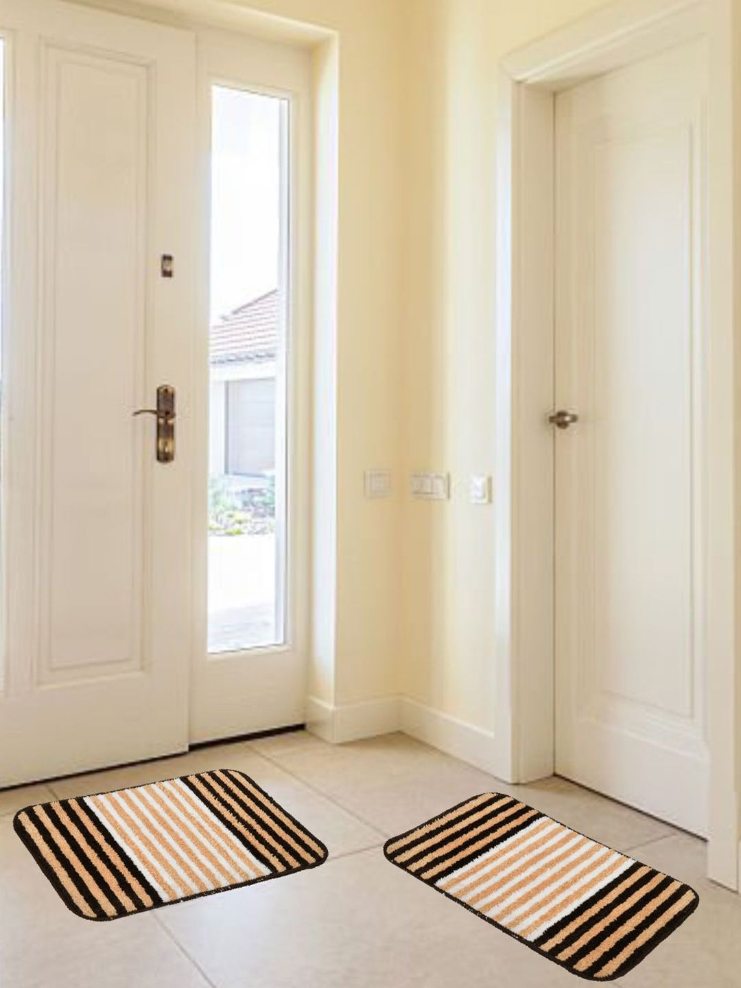 DREAM WEAVERZ Brown & White 2 Pieces Striped Microfiber Anti Skid Doormats-image-17
