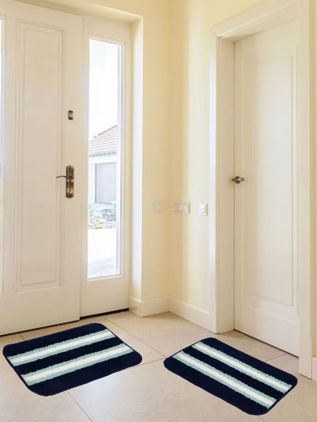 DREAM WEAVERZ Blue & White 2 Pieces Striped Microfibre Anti Skid Doormats-image-38