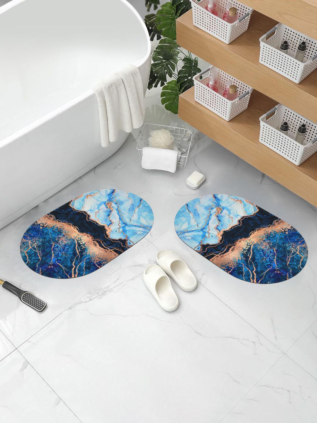 DREAM WEAVERZ 2Pcs Blue Abstract 300 GSM Anti-Skid Bath Rugs-picture-38