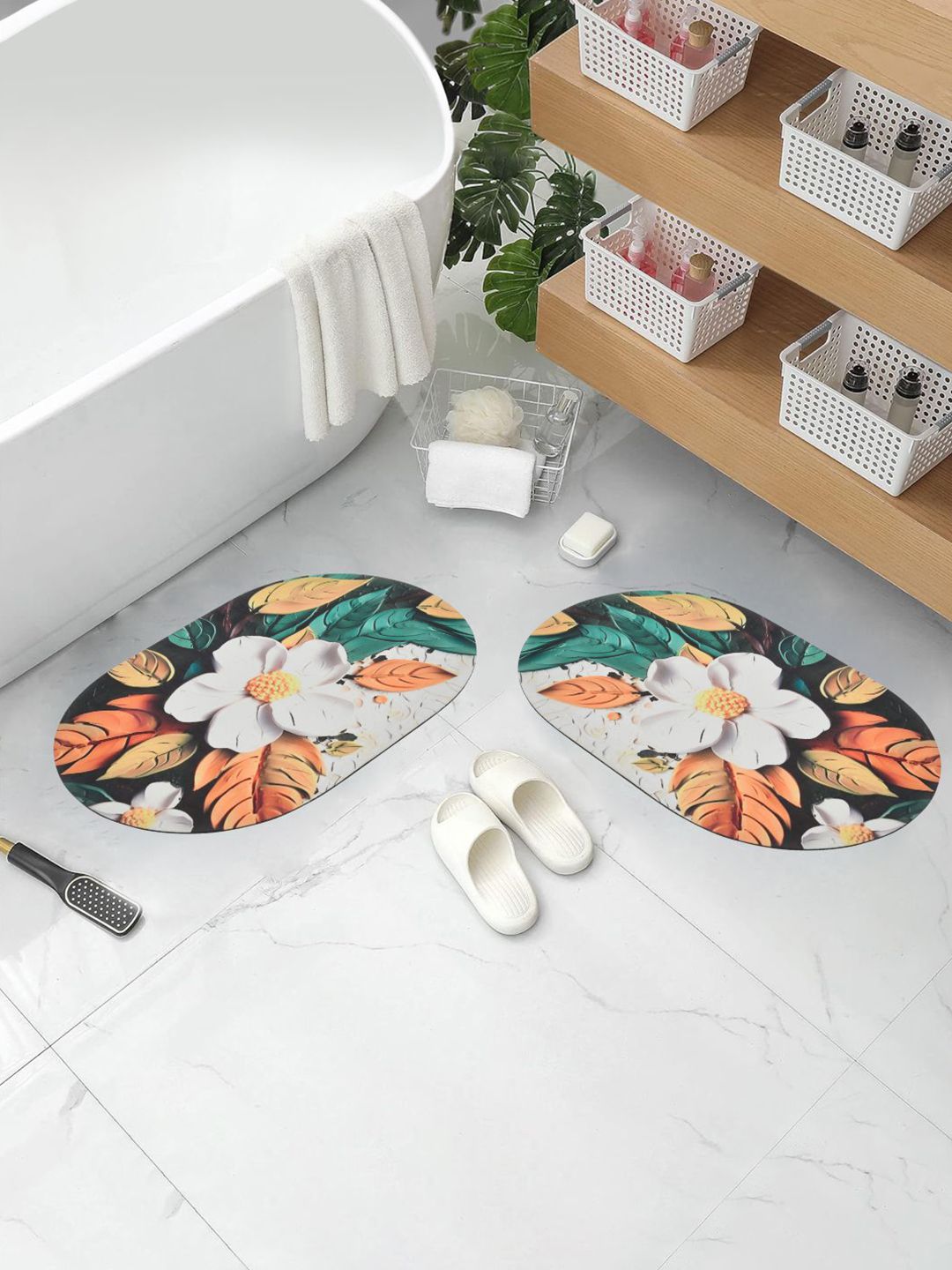 DREAM WEAVERZ Pack Of 2 Green & White 300 GSM Anti-Slip Bath Rugs-image-43