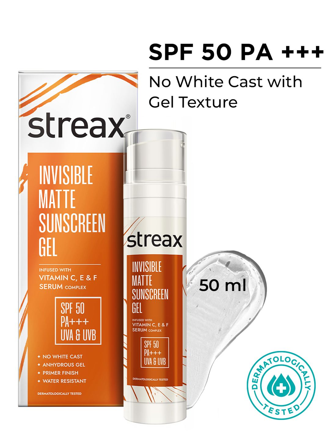 Streax Water Resistant SPF50 PA+++ Invisible Matte Sunscreen Gel with Vitamin C & E - 50ml-image-15