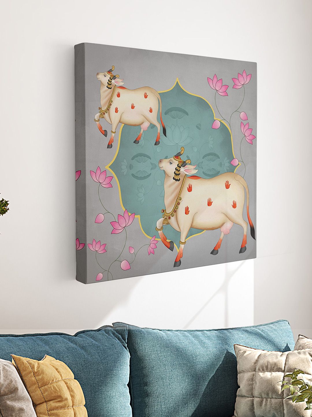 Myntra Elegant Homes Grey & Pink Pichwai Cow Printed Canvas Wall Art-picture-28