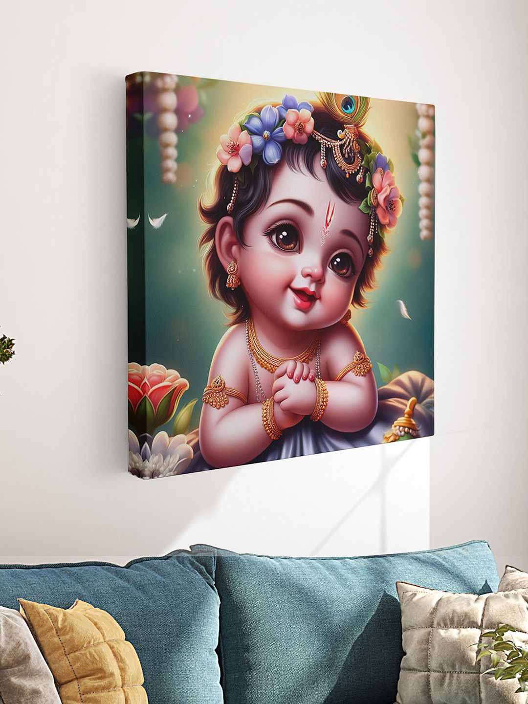 Myntra Elegant Homes Green & Brown Lord Little Krishna Printed Canvas Wall Art-image-25