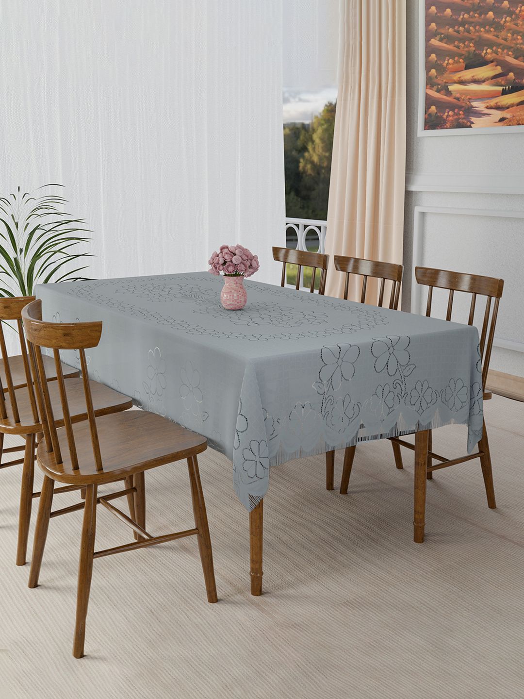 Kuber Industries Grey Floral Printed Cotton 6-Seater Table Cover-picture-19