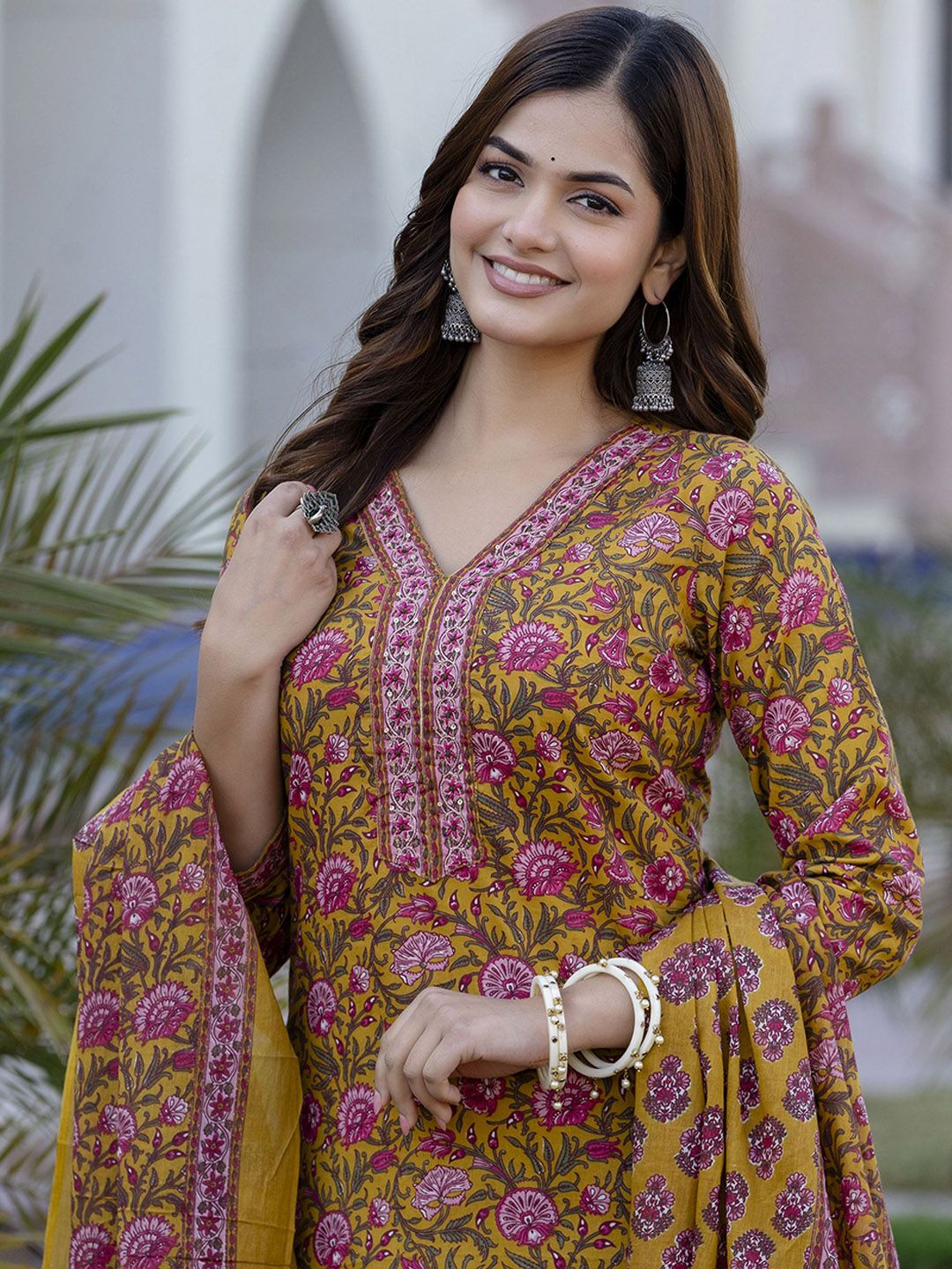 Anouk Floral Printed V-Neck Pure Cotton Straight Kurta With Trousers & Dupatta