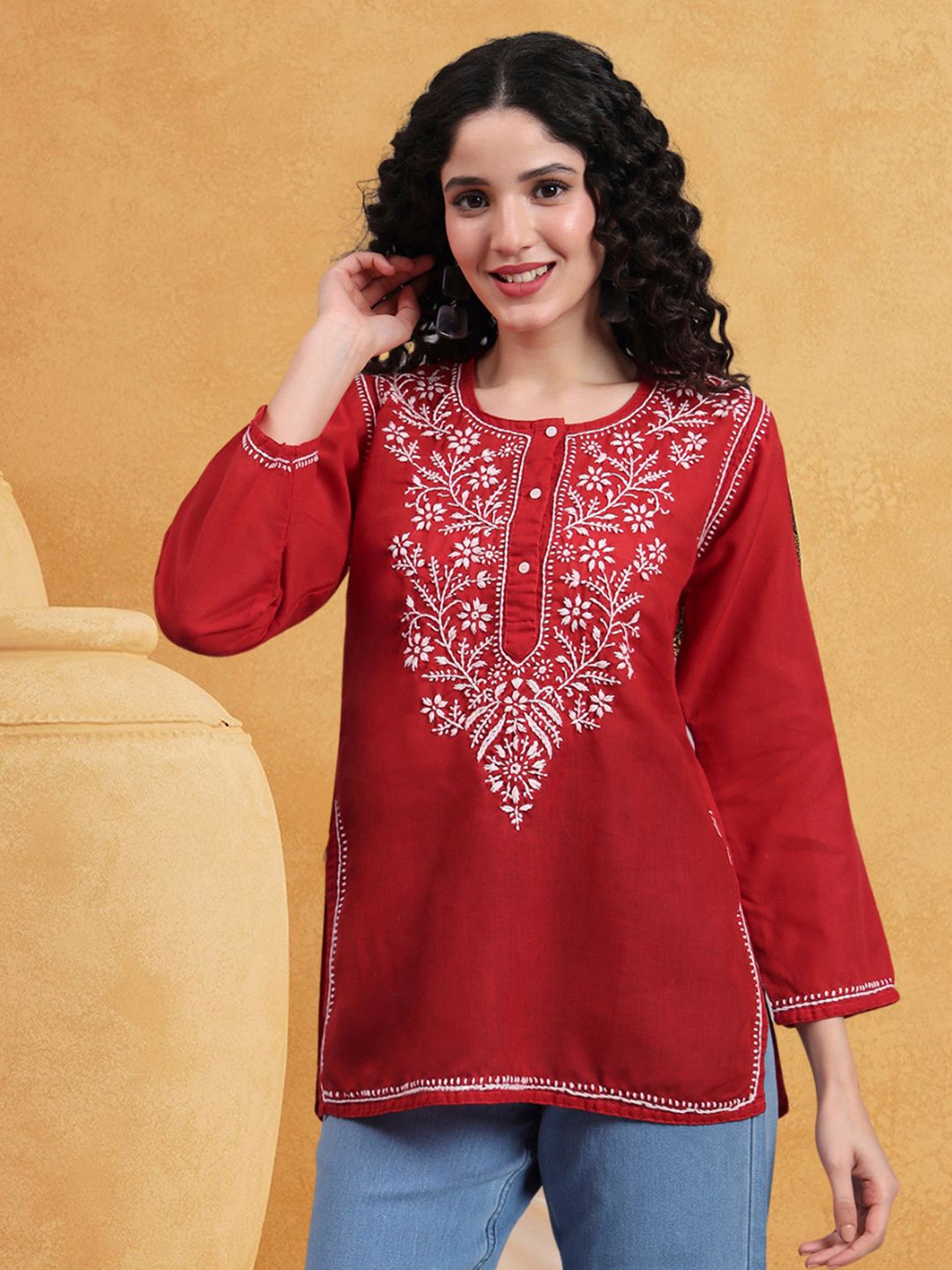 PARAMOUNT CHIKAN Ethnic Motifs Embroidered Chikankari Kurti-picture-32