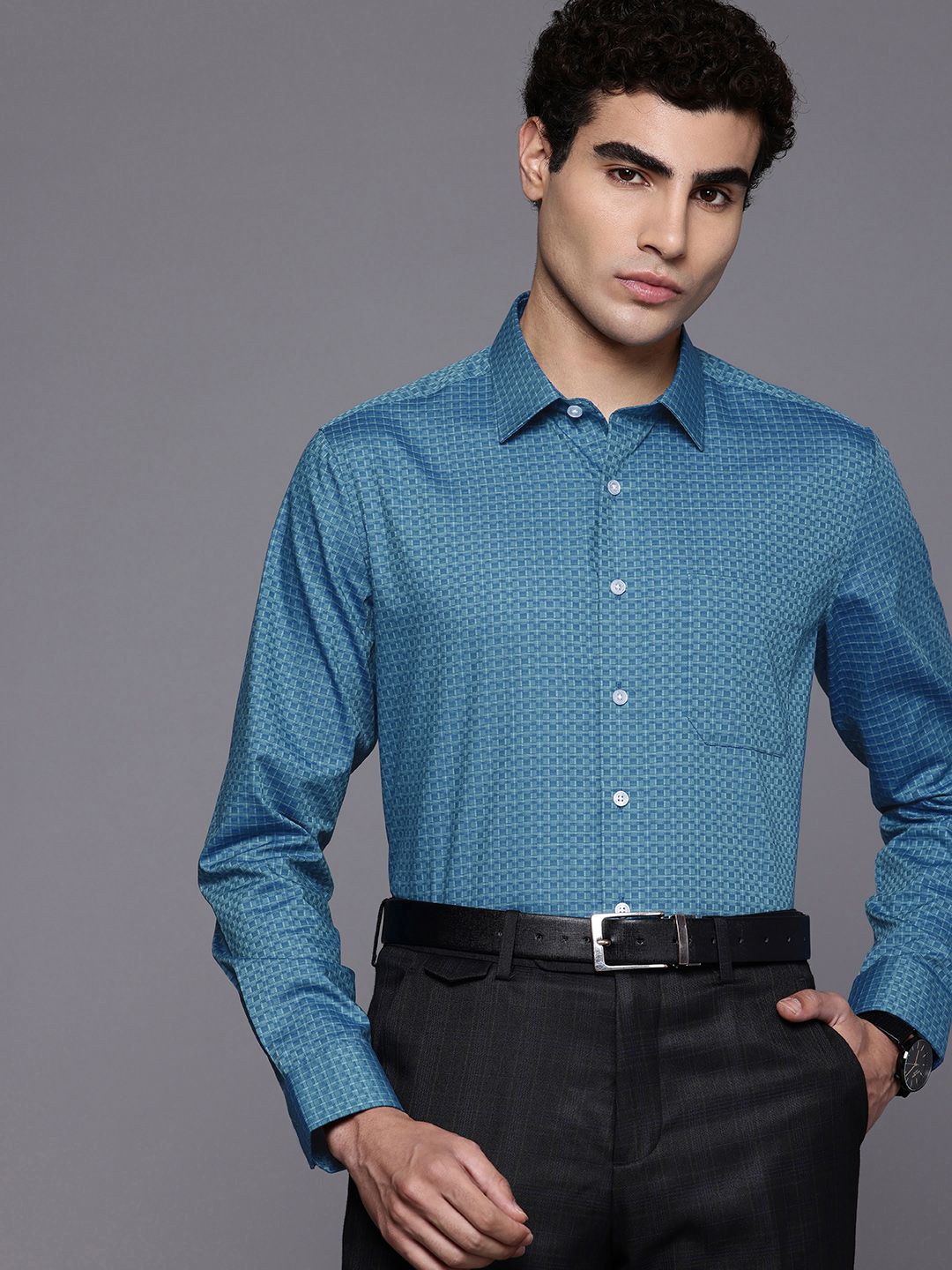 Louis Philippe Slim Fit Micro Checks Pure Cotton Formal Shirt-image-9