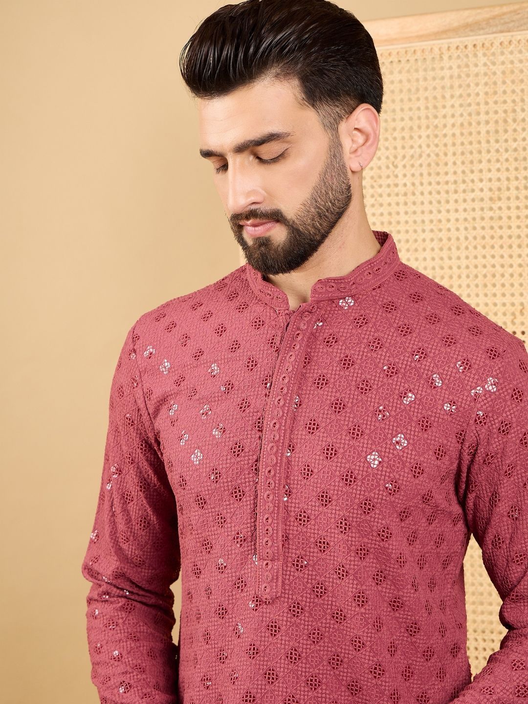 House of Pataudi Floral Embroidered Mandarin Collar Chikankari Straight Kurta-picture-56