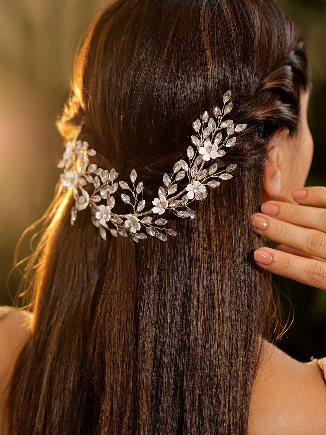 Rubans Silver-Toned Crystal Beaded Floral Tiara Hair Accessory with Pearls-image-21