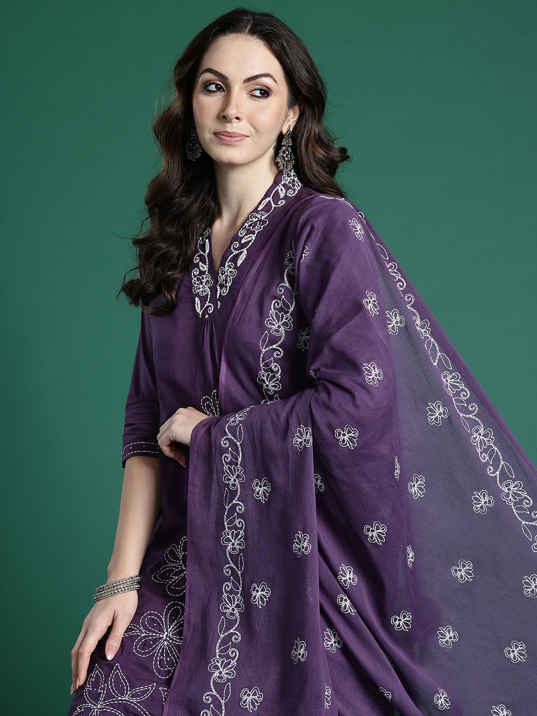 Indo Era Floral Embroidered Pure Cotton Kurta with Trousers & Dupatta-picture-42